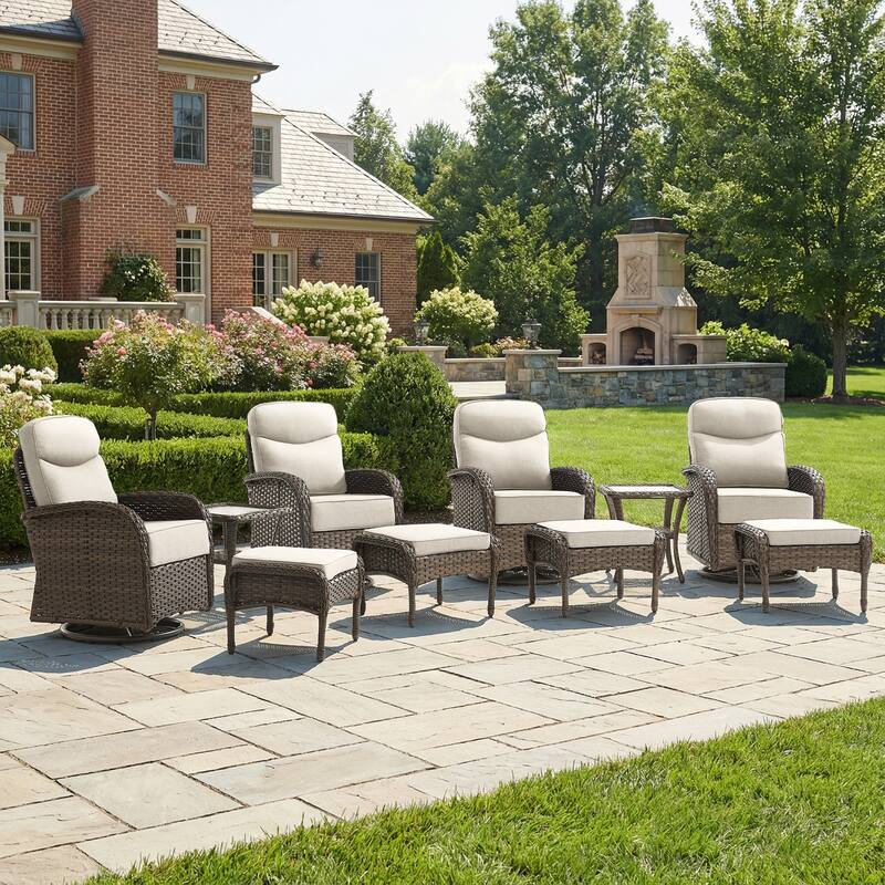 Pocassy Outdoor 10-Piece Swivel Chair Side Table with Ottoman - Brown Wicker Beige Cushion