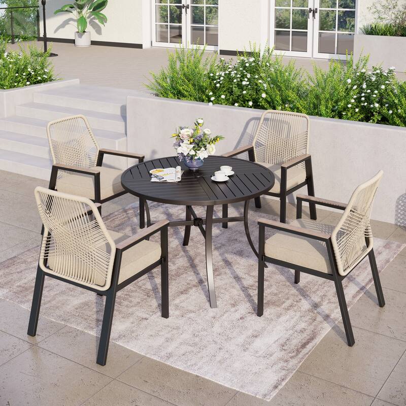 MAISON ARTS 5/7 Pieces Patio Dining Set, Round Table and Woven Rattan Dining Chairs with Cushions, for Patio, Backyard, Poolside