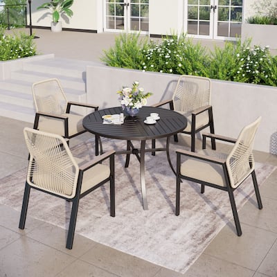 MAISON ARTS 5/7 Pieces Patio Dining Set, Round Table and Woven Rattan Dining Chairs with Cushions, for Patio, Backyard, Poolside