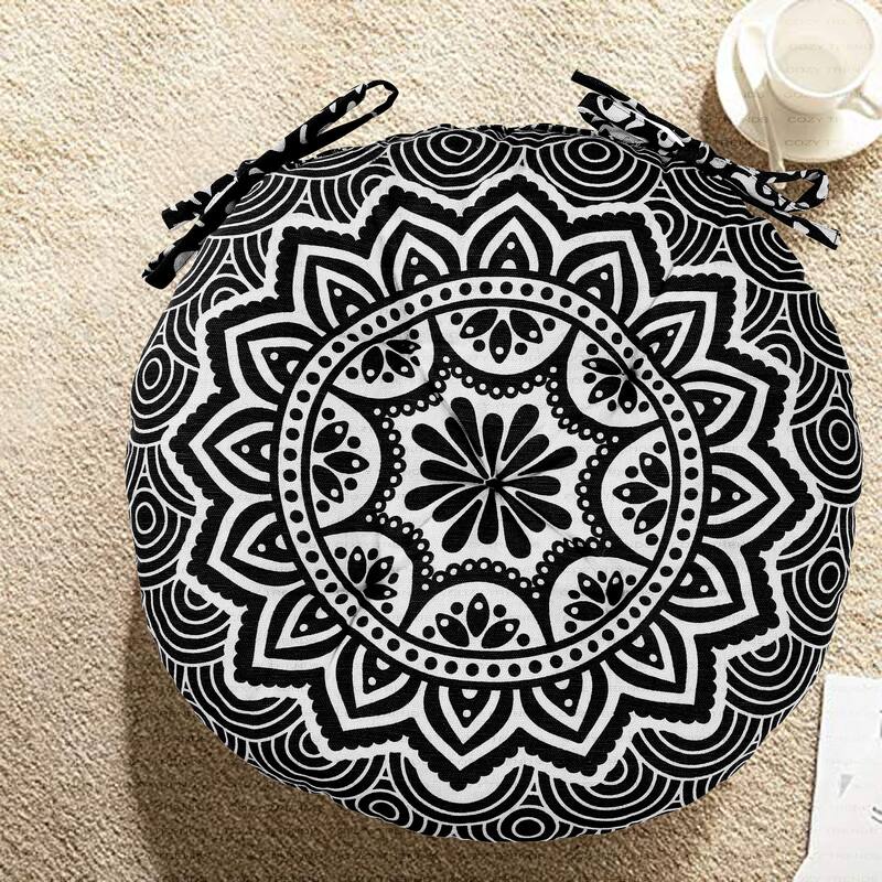 Handmade Cotton Mandala Tuffted Round Chair cushion pads 15''x15'' (Set of 2) with Ties for armchairs Dining Office chair - Black