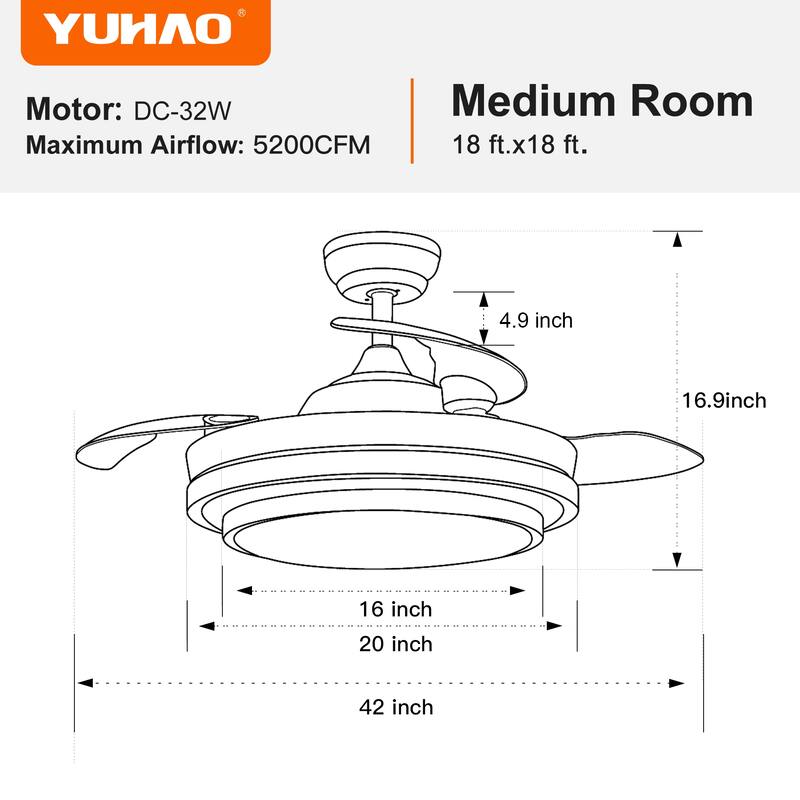 Modern 42 in Brushed Nickel Ceiling Fan with Retractable Blades and DC Motor - 42 INCHES