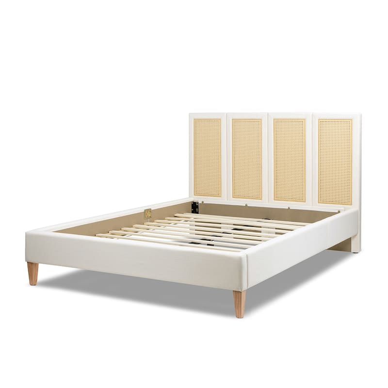 Jennifer Taylor Home Toscana Upholstered Cane Back Platform Bed, Antique White Polyester
