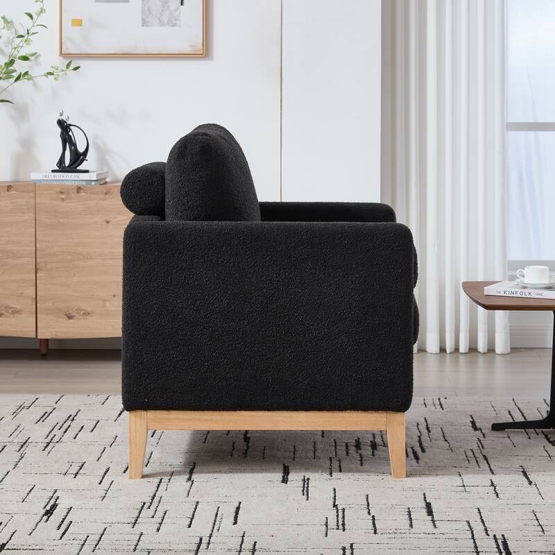 Boucle Accent Chair, Ergonomic Upholstered Single Sofa Chair, Reading Armchair with Bolster Pillows & Wood Legs