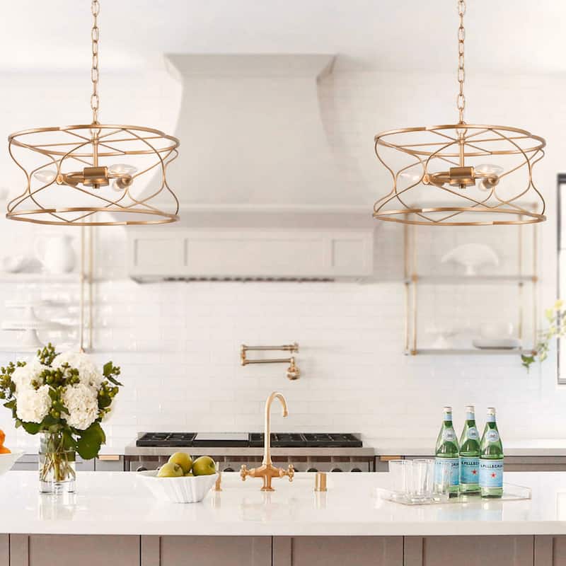 Flot Mid-century Modern 3-light Drum Chandelier Ceiling Lights Cage Kitchen Island Pendant Lamp - D 15.5'' x H 69.5''