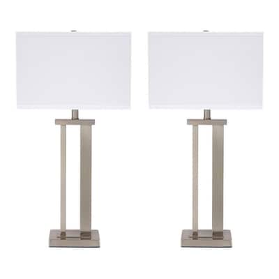 Metal Frame Table Lamp with Hardback Shade, Set of 2, White and Silver