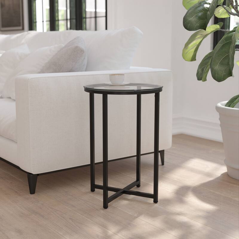 Glass Console Table with Criss Cross Matte Gold Frame - Occasional Table - Clear/Matte Black