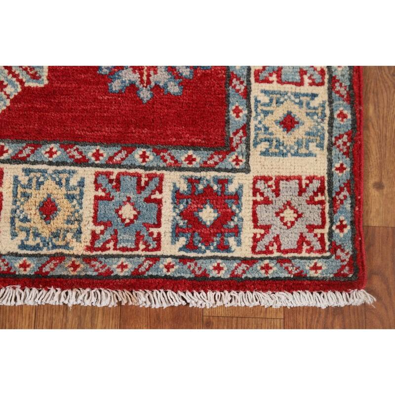 Red Geometric Kazak Oriental Runner Rug Handmade Wool Carpet - 2'8" x 9'4"