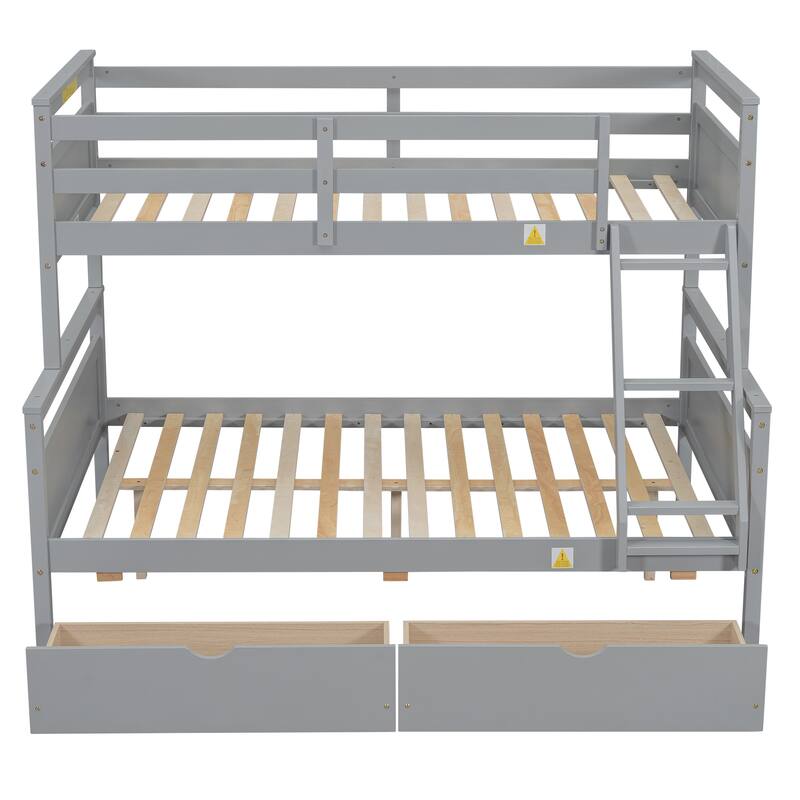 Roomfitters Twin Over Full Bunk Bed with Ladder and Storage Drawers, Convertible Wood Frame with Guardrails, Grey