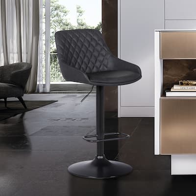Klay Contemporary Adjustable Barstool in Black Powder Coated Finish and Grey Faux Leather