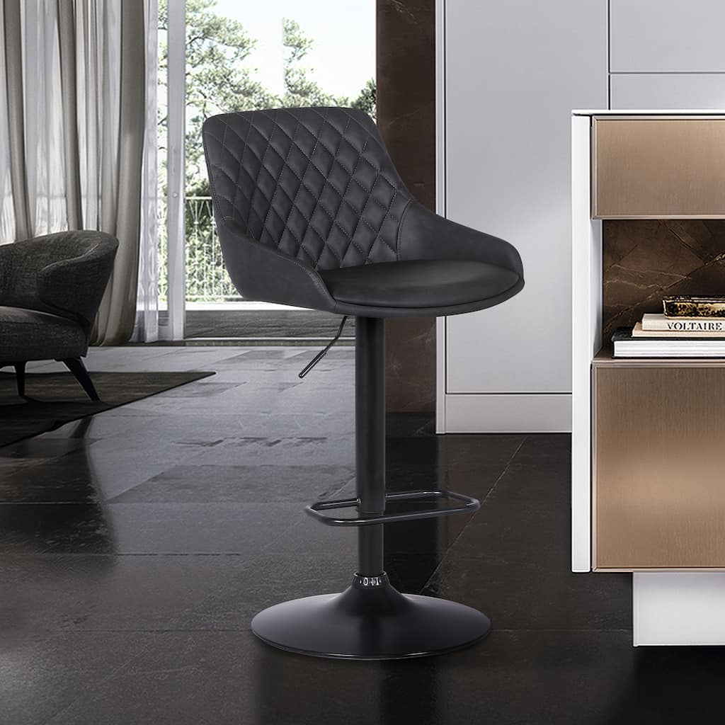 Klay Contemporary Adjustable Barstool in Black Powder Coated Finish and Grey Faux Leather