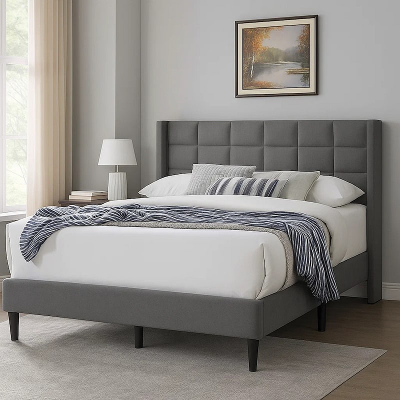 Zensa Full Bed, Light Gray Linen Upholstery, Padded Wing Headboard