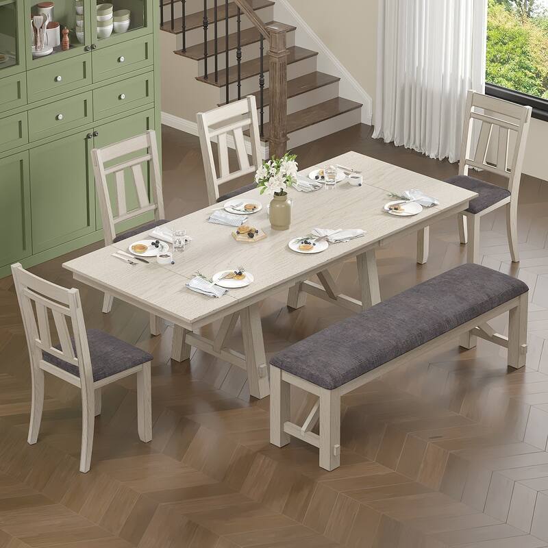 VECELO Dining Table Set with Bench, Solid Wood Rectangular Extendable Dining Table & Solid Wood Dining Chairs