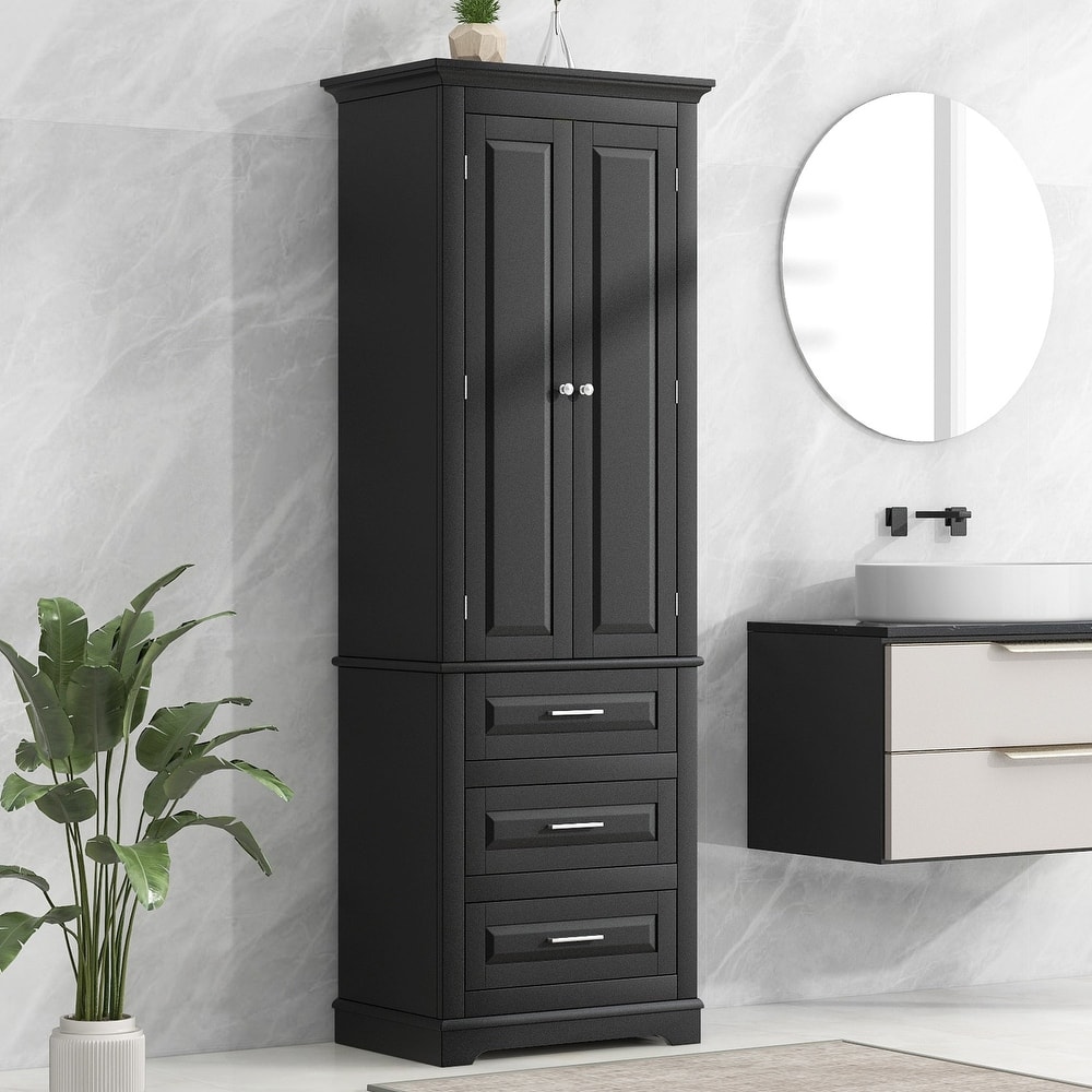 70" Tall Storage Cabinet with Doors and Three Drawers for Bathroom/Office