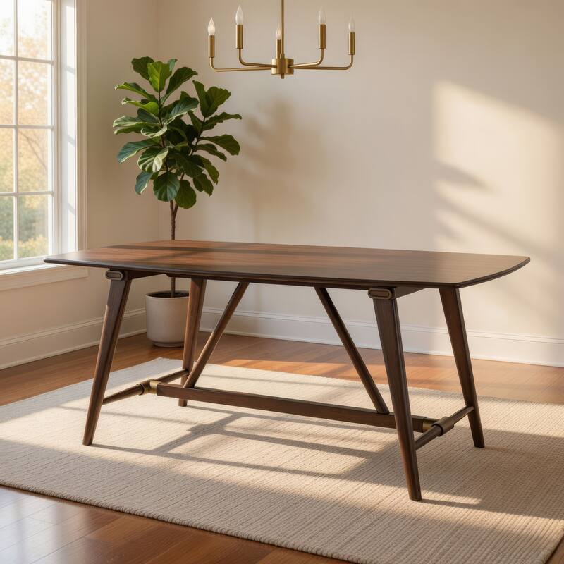 Manny Dining Table with Picnic Style Trestle Base, Walnut Wood 71 Inch