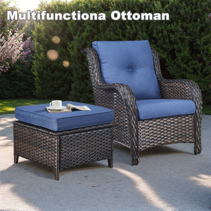 Gymojoy 2pcs Patio PE Rattan Ottoman with Cushion Weather-resistance