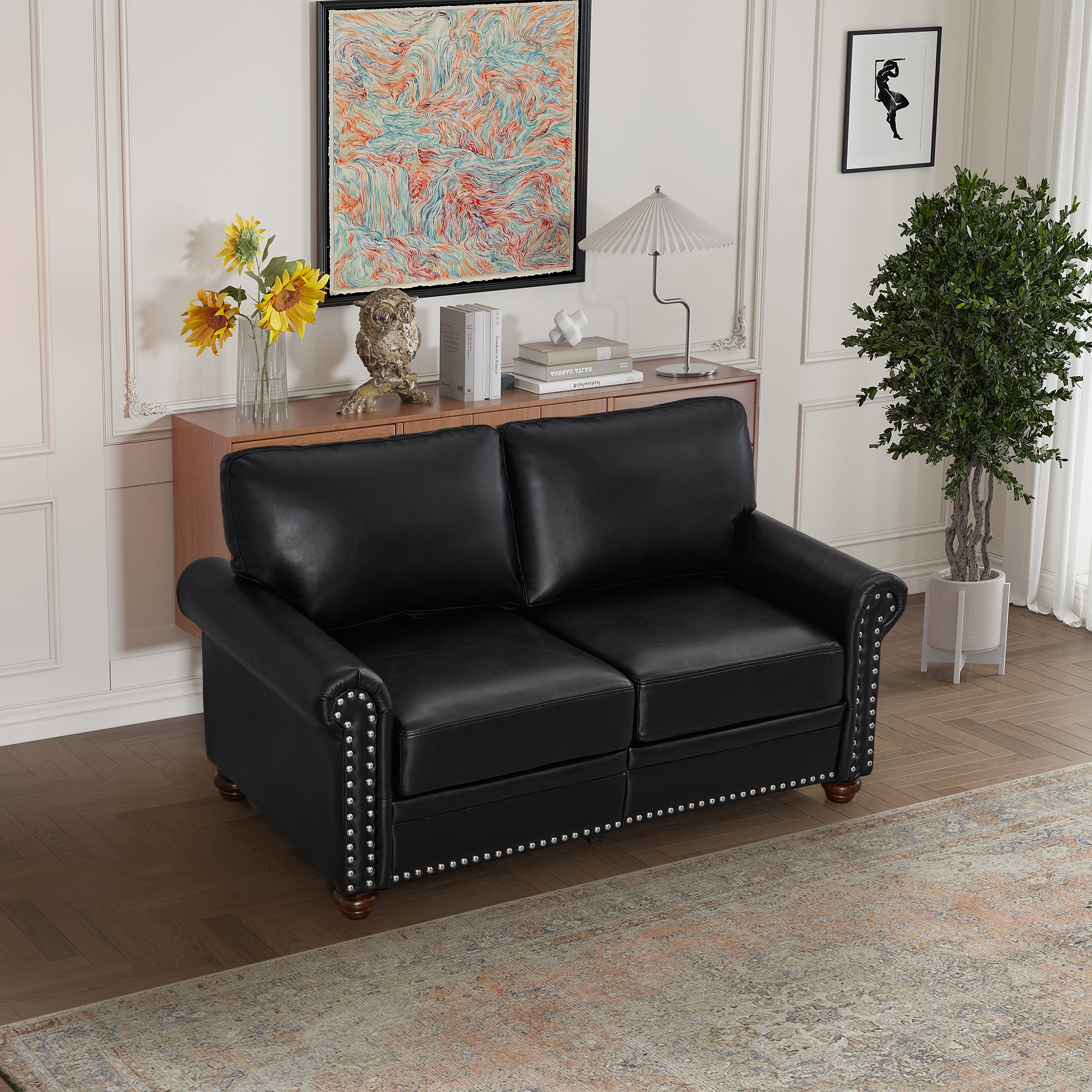 Multi-Functional Loveseat Sofa Leather Sofa with Nailhead Trim, 2 Seat Sofa Couch with Round Armrests
