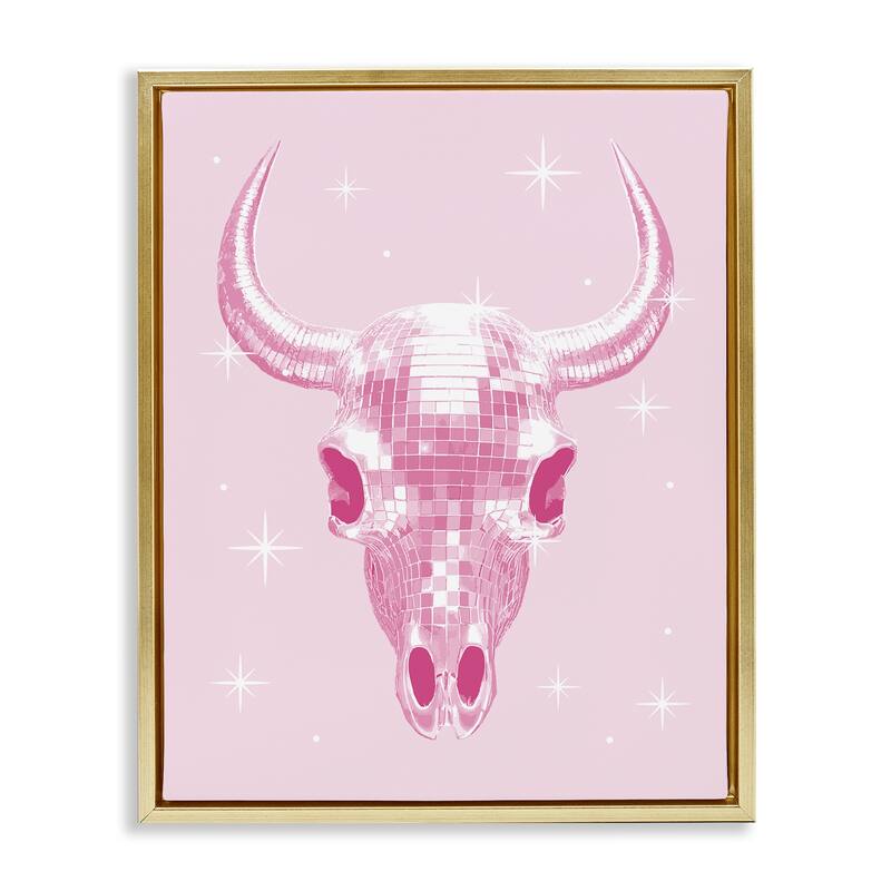 Stupell Pastel Disco Cattle Skull Framed Floater Canvas Wall Art Design By Lil' Rue - 17 x 21 - Gold