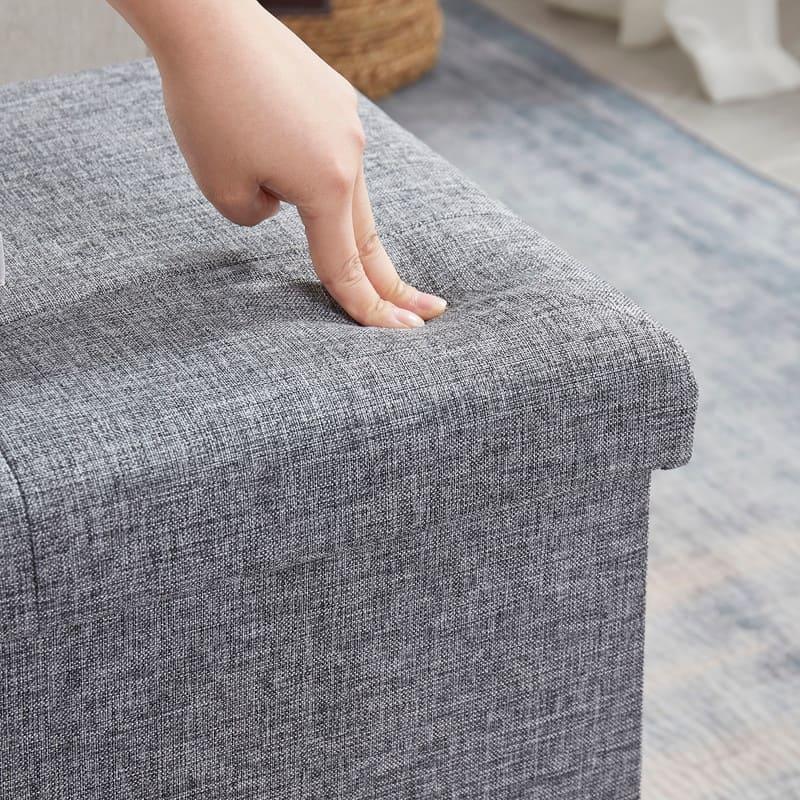 Foldable Tufted Linen Storage Ottoman Bench