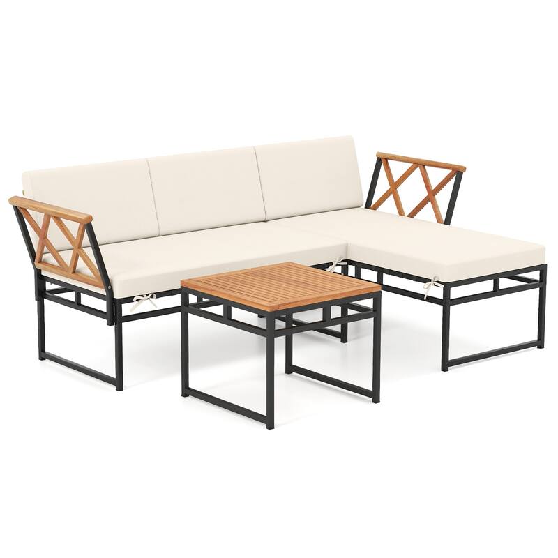3 Piece Beige Acacia Wood Patio Loveseat Sofa Set with Metal Frame and Table - 72.5" × 47" × 26" - Beige