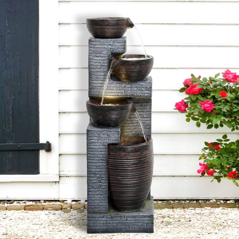 4-Tier Floor Water Fountain with LED Lights Outdoor Decor