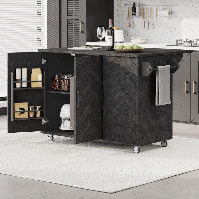 51.2"W 3D Wave Stripes Kitchen Island with Storage, Drop Leaf, Farmhouse Kitchen Island on Wheels Rolling Kitchen Cart