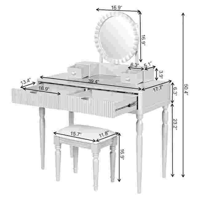 Luxury Vanity Desk Round Mirror, 4 Drawers & Stool - Adjustable Height