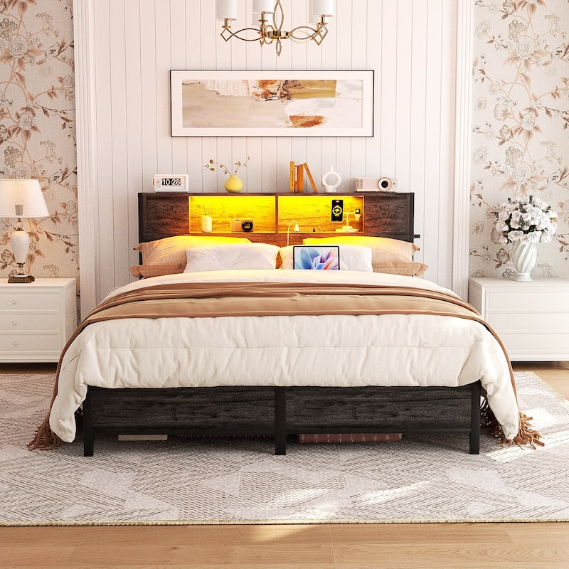 Storage Headboard Platform Bed Frame with Charge Station and LED Light - Grey Oak - Queen