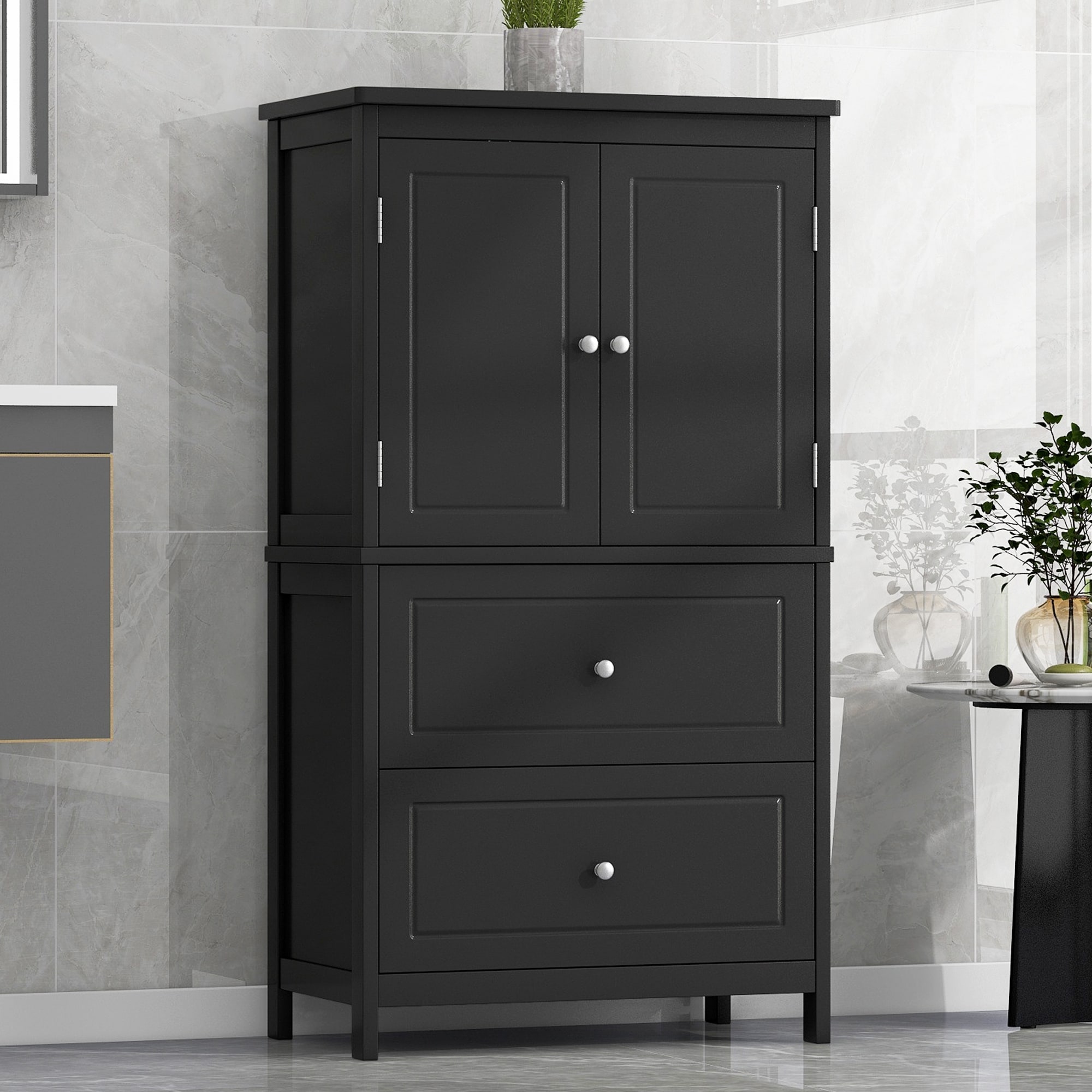 GDFStudio - Emery 43" Tall Wooden Bathroom Storage Cabinet with Adjustable Shelf and Dual Drawers