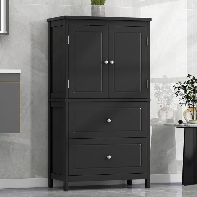 GDFStudio - Emery 43" Tall Wooden Bathroom Storage Cabinet with Adjustable Shelf and Dual Drawers - Storage Cabinet - Black