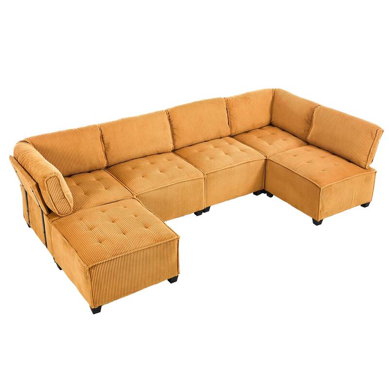 121.26" Corduroy Modular Sectional Sofa 6- Seat U Shaped Couch with Reversible Chaise and Ottoman