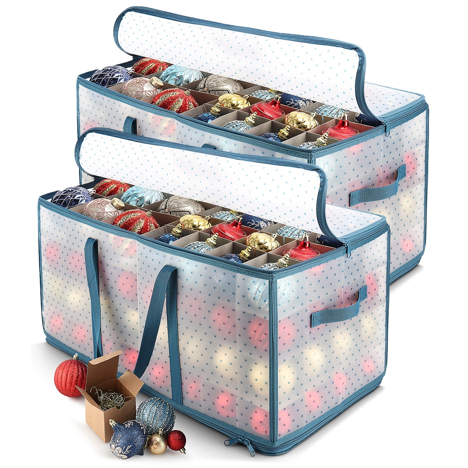 ZOBER Christmas Ornament Storage Box - Stores 128 Ornaments W/ 2 Sided  Zipper - Flexible Plastic Christmas Ornament Storage Containers - 3 Inch  Cube