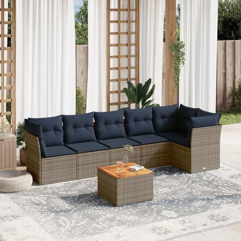 vidaXL Patio Sofa Set with Cushions Outdoor Furniture 7 Piece Poly Rattan - 24.4" x 24.4" x 27.2" - Gray - form1