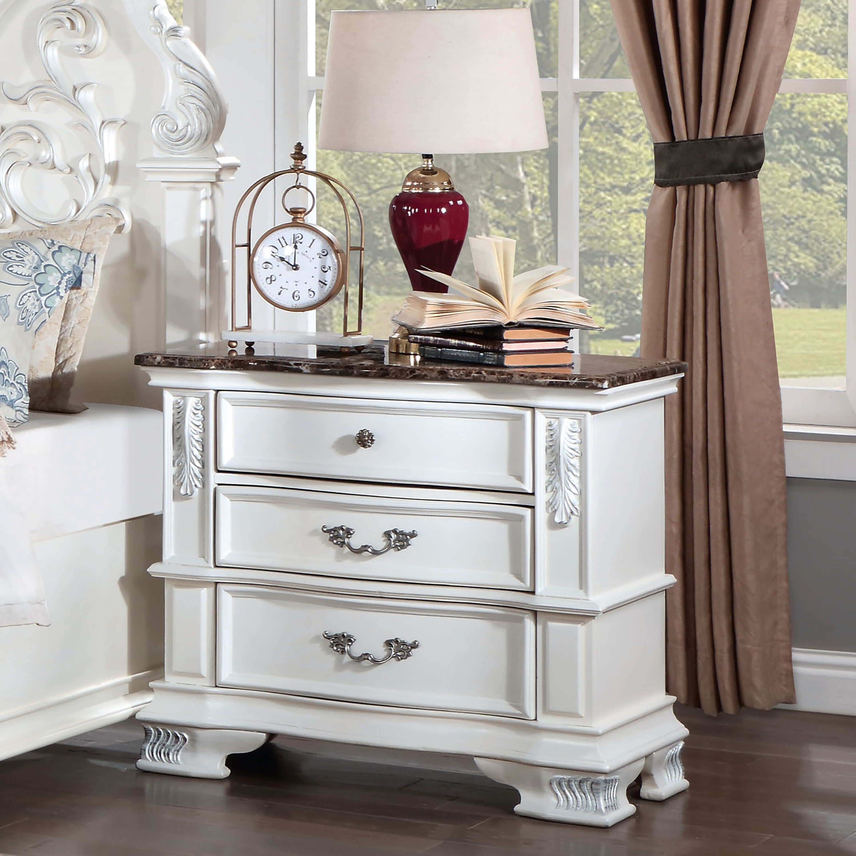 Furniture of America Wrea Traditional Marble Top 3-Drawer Nightstand