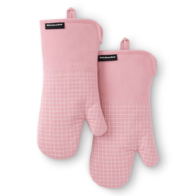 KITCHENAID Gourmet Series Gridlines Oven Mitts 2-Pack Set, Heat Resistant up to 600°F, Soft Silicone Grip, Magnetic Cuff - Dried Rose