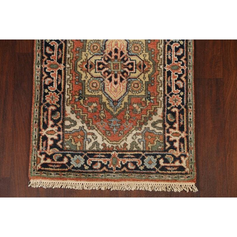 Hand Knotted Oriental 100% Wool Carpet Traditional Geometric Oranges & Rust Indo Heriz Serapi Runner Rug - 11' 11'' X 2' 7''