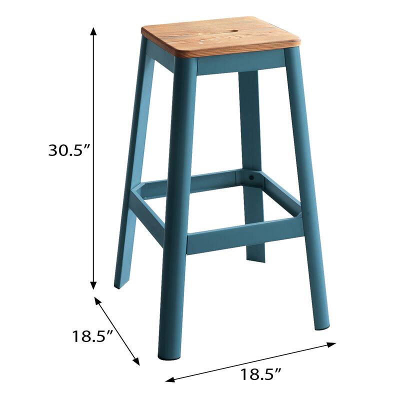 Natural and Teal Armless Bar Stool with Crossbar Support - Multi