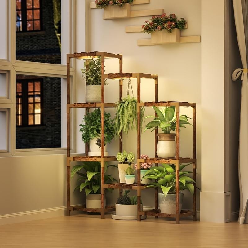 Hansabenne Corner Plant Stand with Grow Lights 10 Tiered Wood