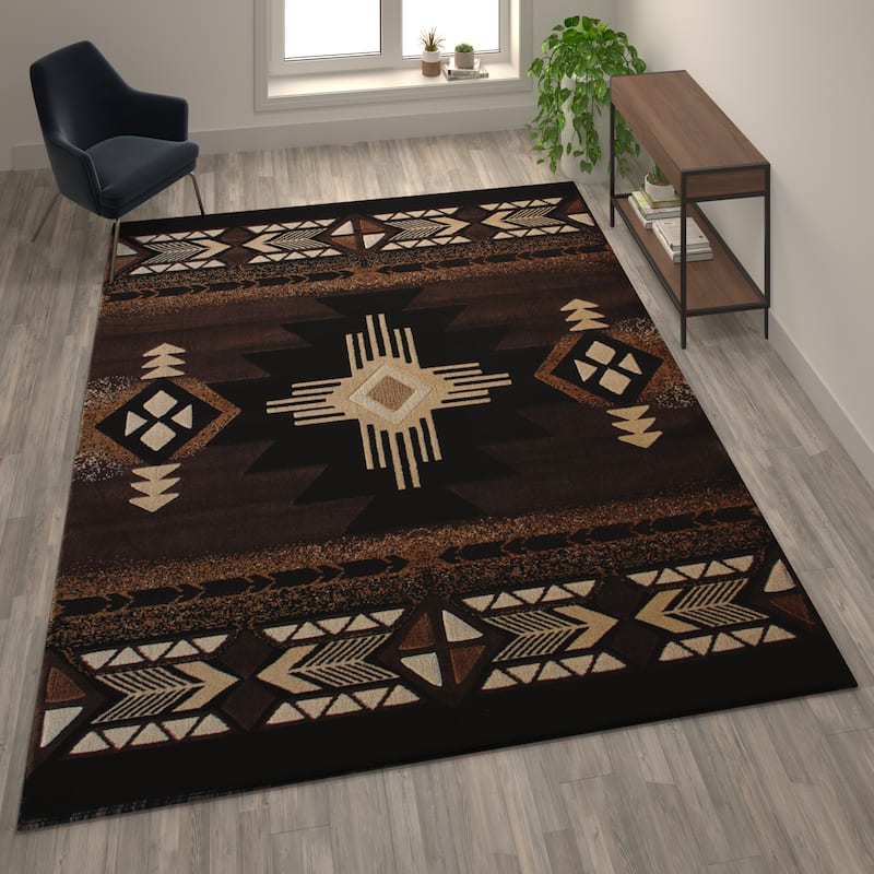 Traditional Southwestern Style Olefin Fiber Geometric Area Rug - 8' x 10' - Chocolate