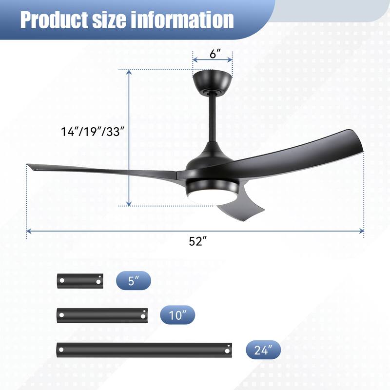 52 Inch Modern Black Ceiling Fan with 18W LED Light and Remote Control 3 ABS Blades DC Motor for Bedroom Living Room
