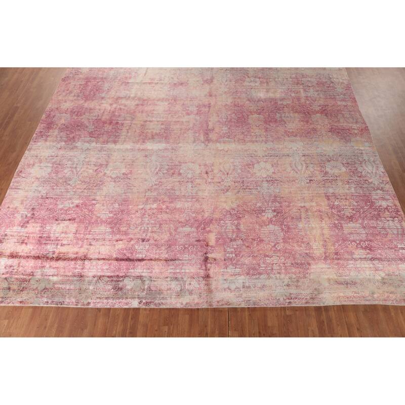 Abstract Indian Square Area Rug Handmade Silk Carpet - 13'11"x 13'9"