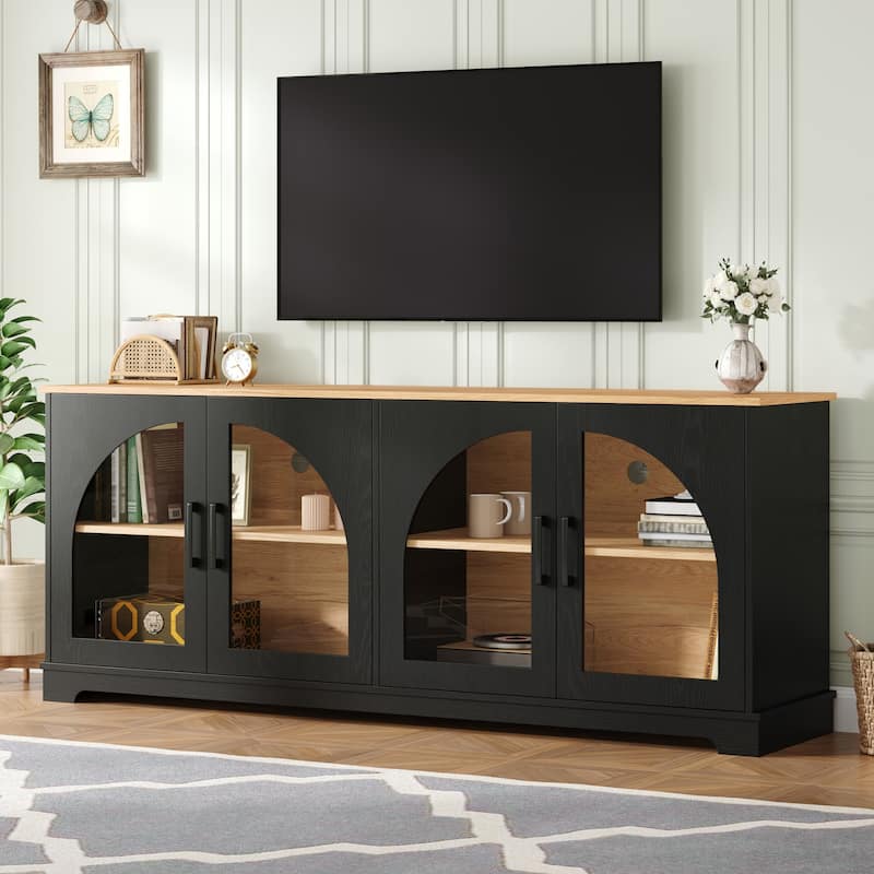 Farmhouse TV Stand with Semi-Arched Glass Doors for TVs Up to 70",Adjustable Shelves,Wood Grain Sideboard with Cable Management - Black