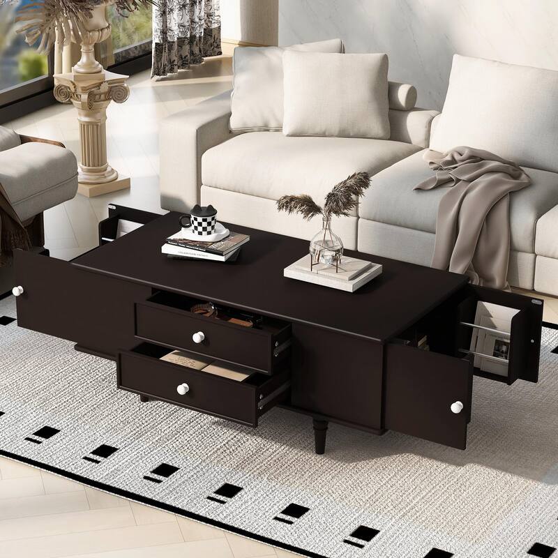 47.2" Wood Coffee Table with Metal Handles and Four Solid Wood Legs