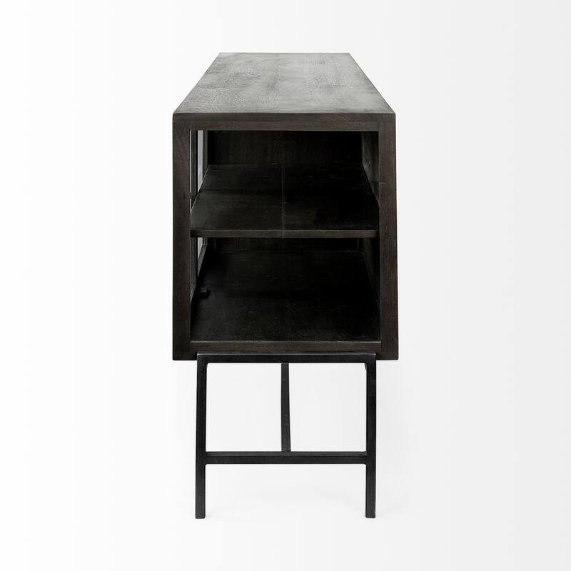 Arelius Light Brown w/ Black Metal Base 4 Door Glass Cabinet Sideboard - 70.0L x 18.0W x 32.0H