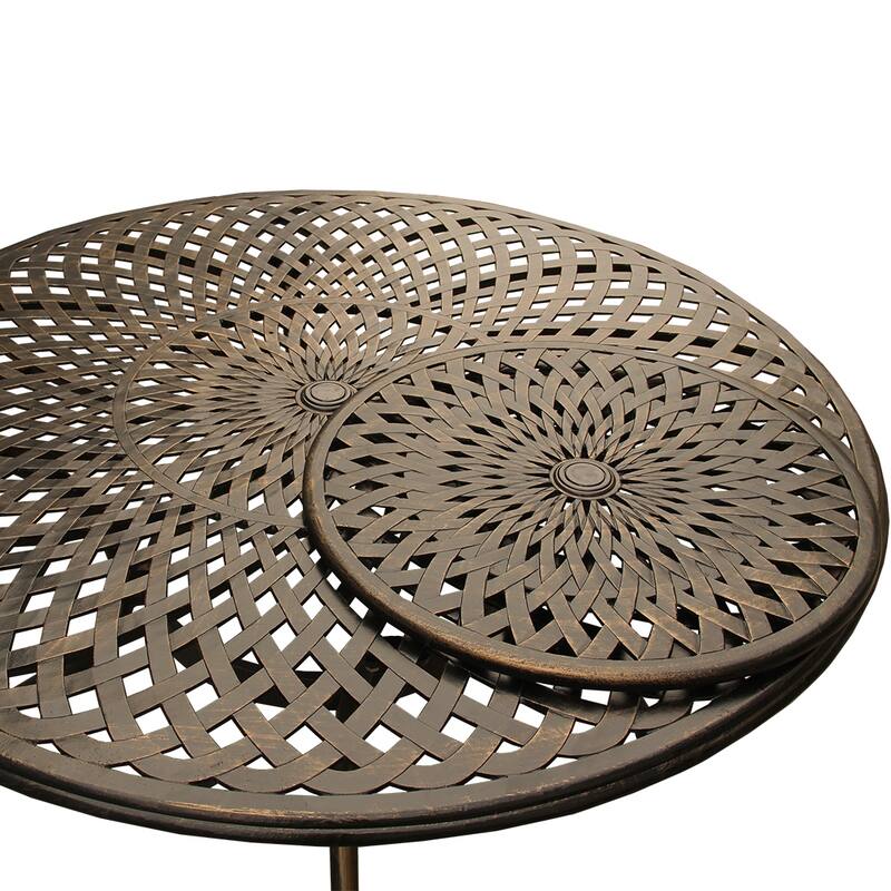 Modern Ornate Outdoor Mesh Aluminum 59-in Large Round Patio Dining Set with Lazy Susan and Six Chairs - N/A