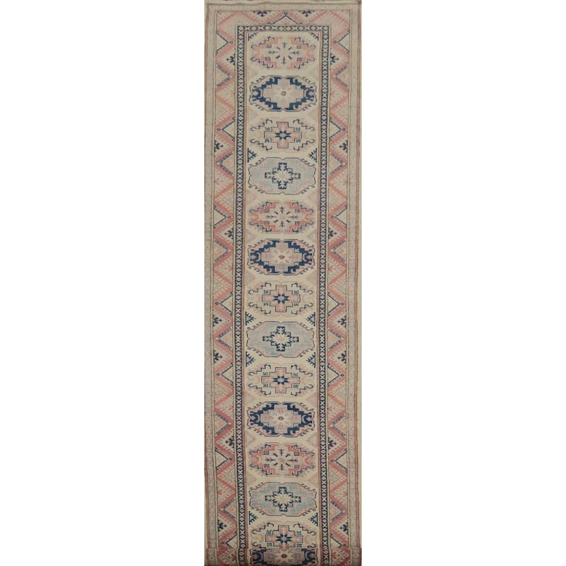 Hand Knotted Oriental 100% Wool Carpet Traditional Geometric Beige & Ivories Kazak Runner Rug - 16' 3'' X 3' 2''