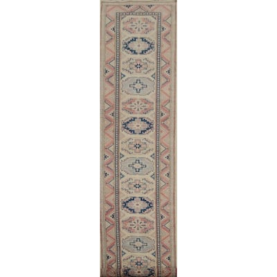 Hand Knotted Oriental 100% Wool Carpet Traditional Geometric Beige & Ivories Kazak Runner Rug - 16' 3'' X 3' 2''