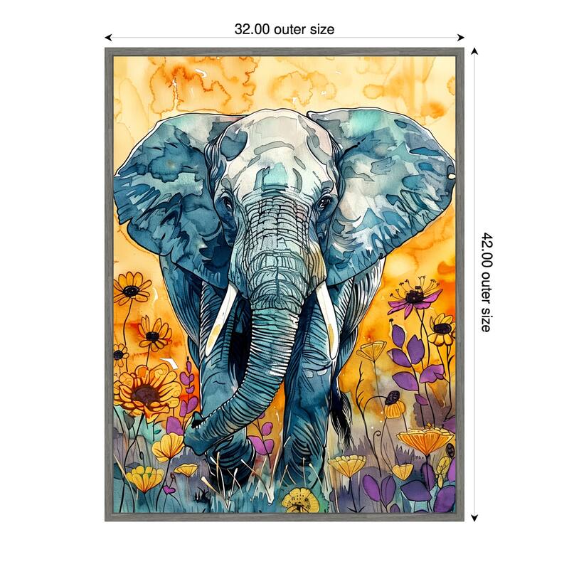 Elephant in Flowers by Justyna Jaszke Framed Canvas Wall Art - 32 x 42 in