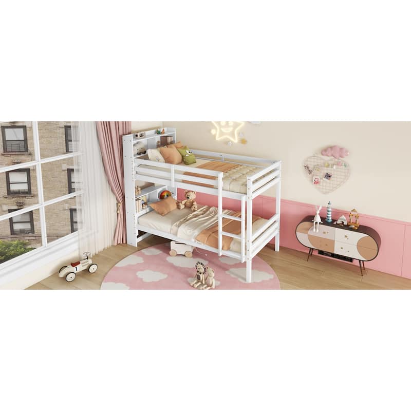 Roomfitters Twin Over Twin Rubber Wood Bunk Bed with Shelves Headboard, Convertible Design, Ladder and Safety Guardrails