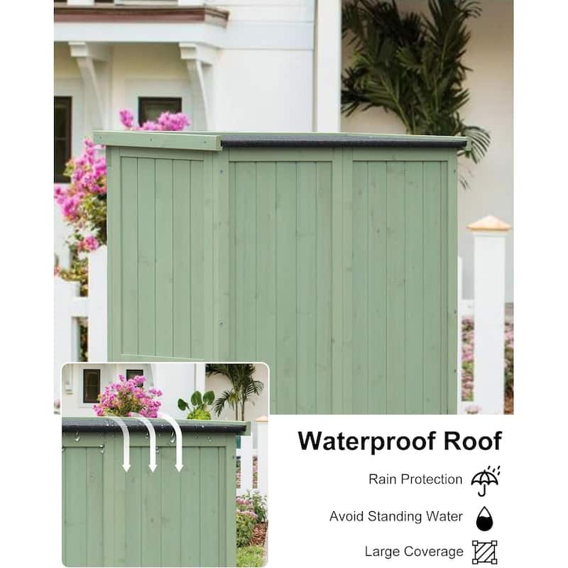 Outdoor Wooden Storage Cabinet with Waterproof Roof Shelves, Louvered Double Doors - Green