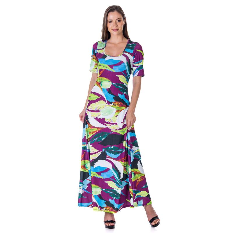 24seven Comfort Apparel Womens Multicolor Floral Print Elbow Sleeve Casual A Line Maxi Dress - Plum - M